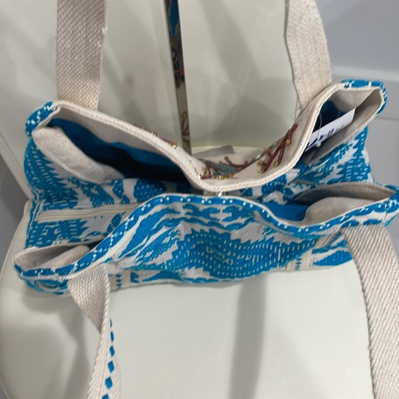 America & Beyond Cream/Blue/Turquoise Sparkly Beaded "Butterfly" Tote Bag - Picture 6 of 7